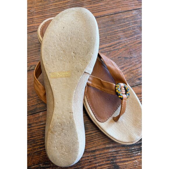 LUISA D’ORIO ITALY WEDGE JEWELED SANDAL CANVA & BROWN LEATHER, SIZE 9 - Picture 5 of 8